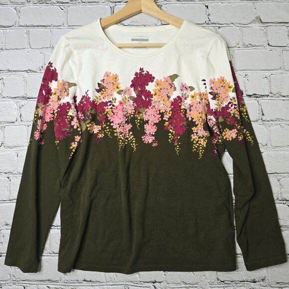 The Talbots Tee Cotton Blend Olive Forest Green Floral Print Accent Blouse LP - Picture 2 of 10